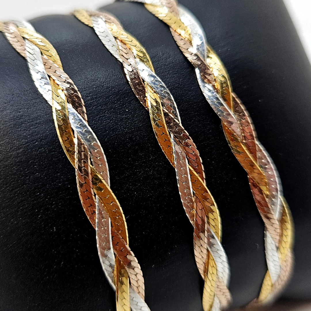 Silver, Yellow Gold, & Rose Gold 3 Braid Bracelet